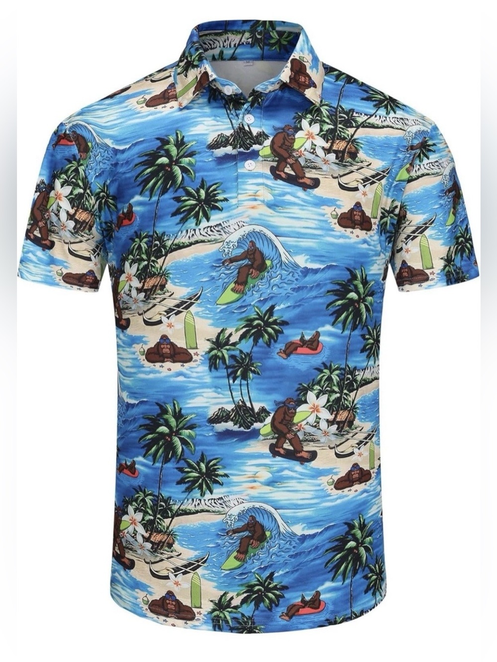 Men’s L Blue Funny Hawaiian All-Over Print Short Sleeve Collared Golf Polo Shirt